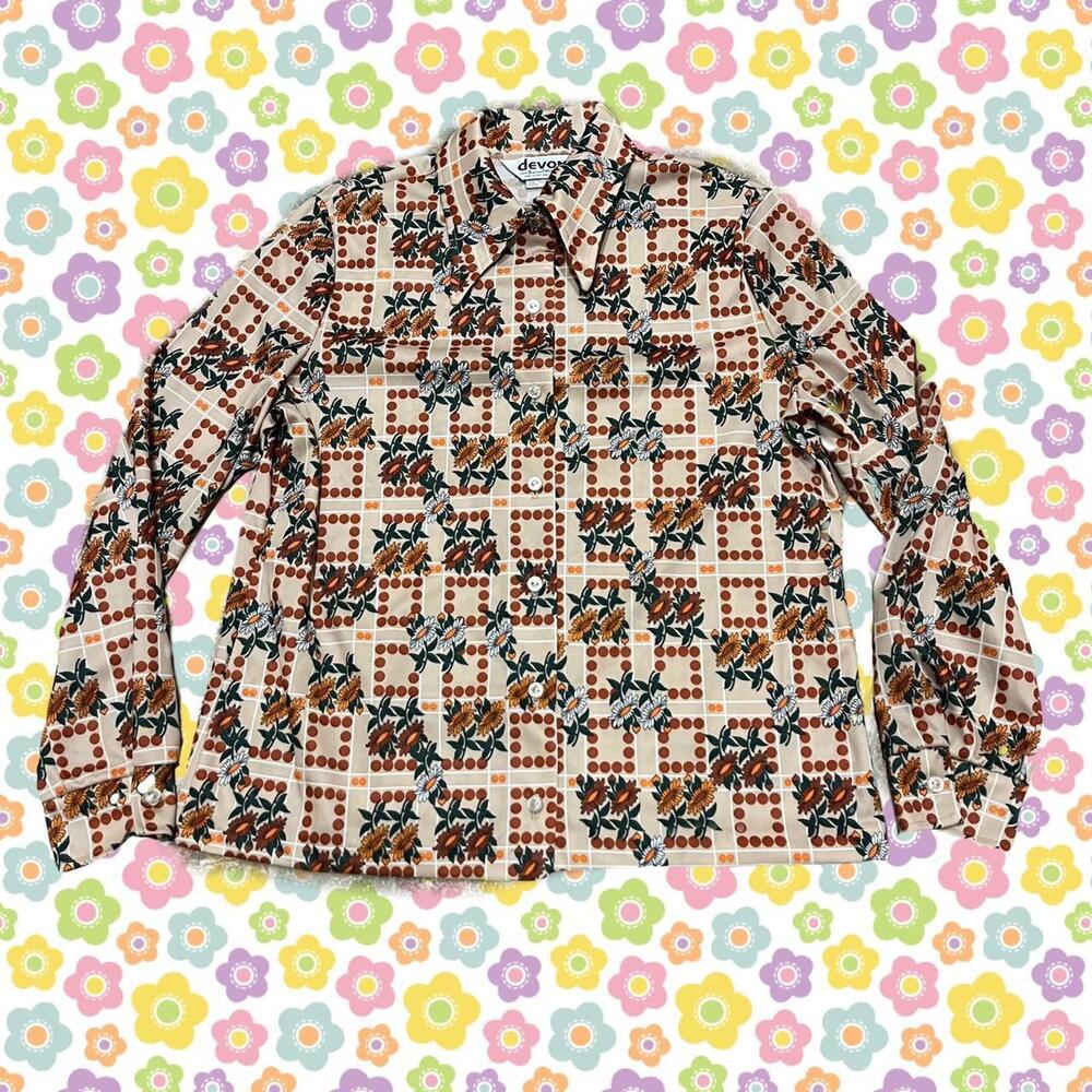 Vintage 60s light brown Devon collar button up shirt w/ yellow & orange flowers